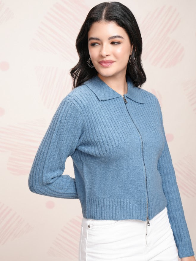 Tokyo Talkies Women Blue Shawl Neck Sweater - Blue - Image 6