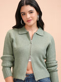 Tokyo Talkies Women Green Shawl Neck Sweater - Green - Image 1