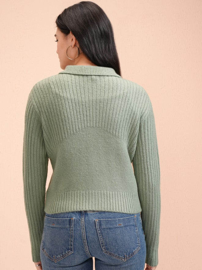 Tokyo Talkies Women Green Shawl Neck Sweater - Green - Image 3
