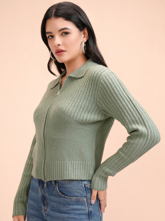 Tokyo Talkies Women Green Shawl Neck Sweater - Green - Image 4
