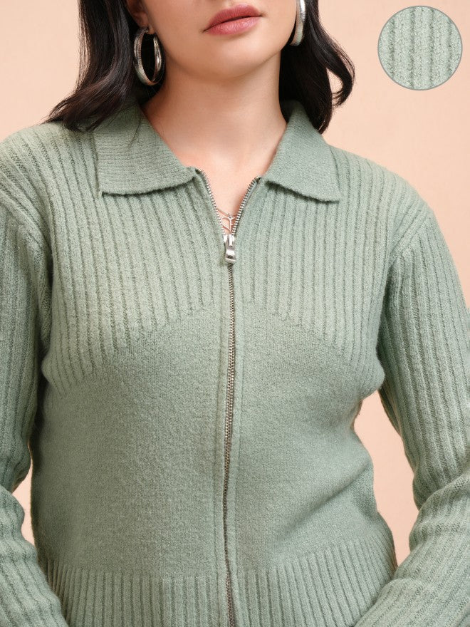 Tokyo Talkies Women Green Shawl Neck Sweater - Green - Image 5