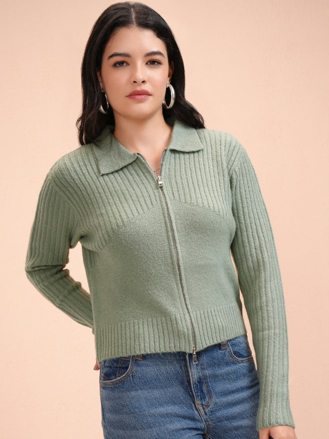 Tokyo Talkies Women Green Shawl Neck Sweater - Green - Image 6