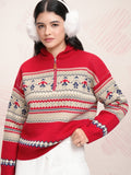 Tokyo Talkies Women Red Shawl Neck Sweater - Red - Image 1