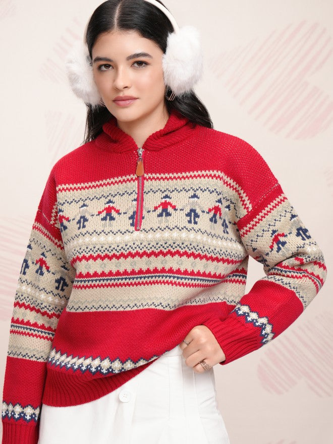 Tokyo Talkies Women Red Shawl Neck Sweater - Red - Image 1