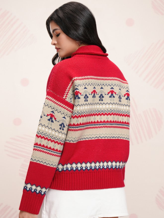 Tokyo Talkies Women Red Shawl Neck Sweater - Red - Image 3