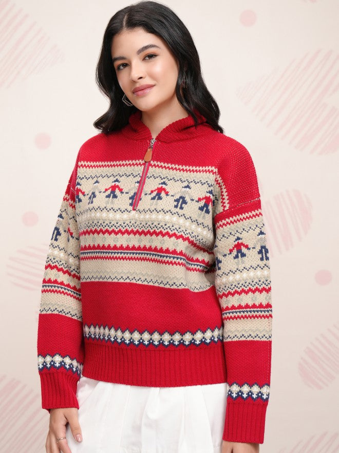 Tokyo Talkies Women Red Shawl Neck Sweater - Red - Image 4