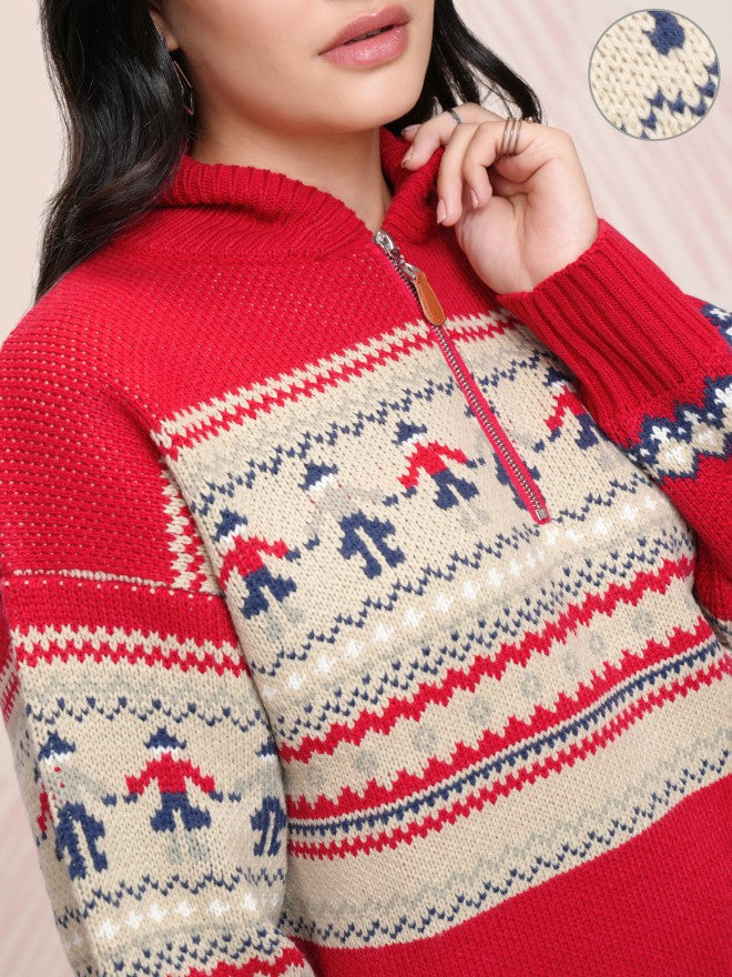 Tokyo Talkies Women Red Shawl Neck Sweater - Red - Image 5