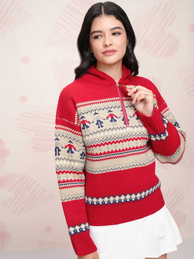 Tokyo Talkies Women Red Shawl Neck Sweater - Red - Image 6