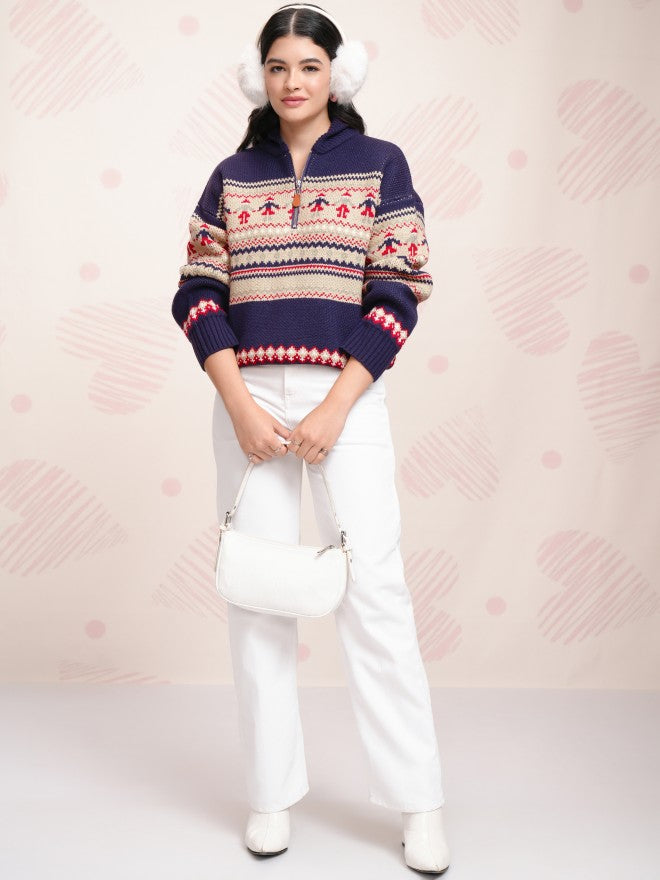 Tokyo Talkies Women Navy Blue Shawl Neck Sweater - Navy Blue - Image 2