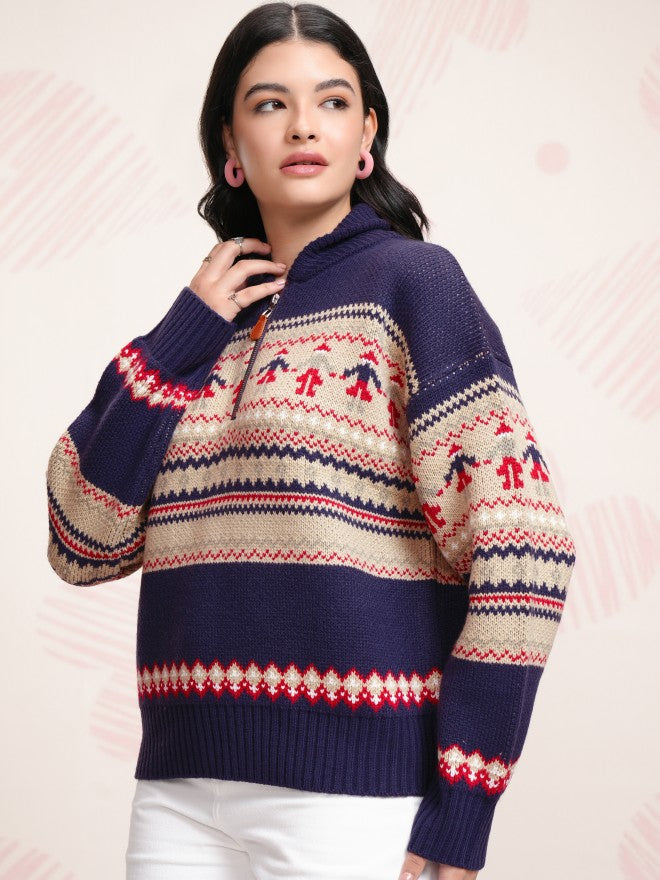Tokyo Talkies Women Navy Blue Shawl Neck Sweater - Navy Blue - Image 4