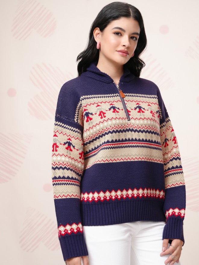 Tokyo Talkies Women Navy Blue Shawl Neck Sweater - Navy Blue - Image 6
