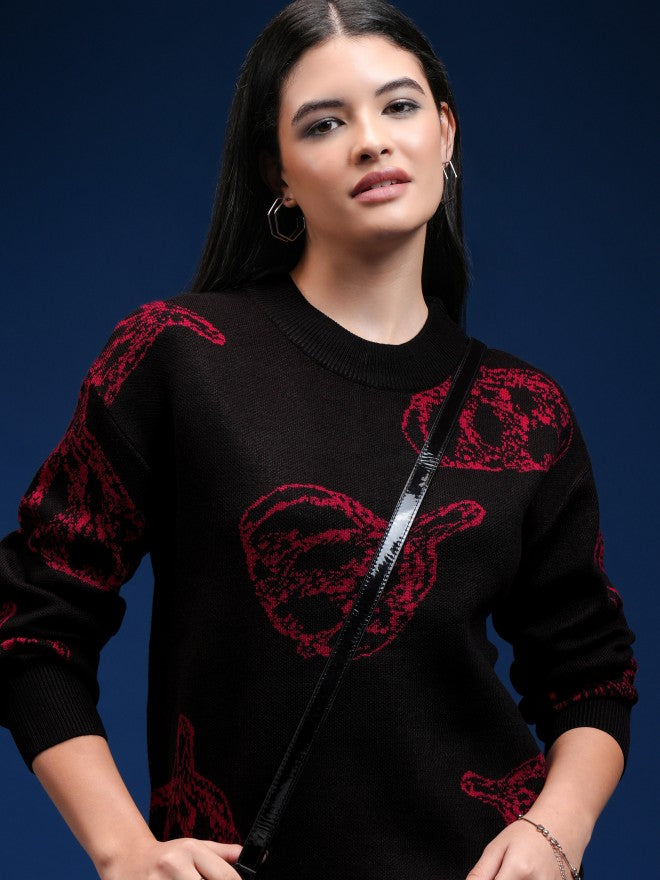 Tokyo Talkies Women Black Round Neck Sweater - Black - Image 1