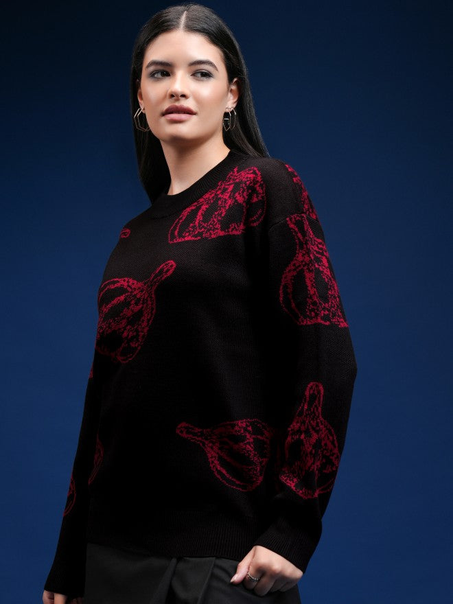Tokyo Talkies Women Black Round Neck Sweater - Black - Image 4