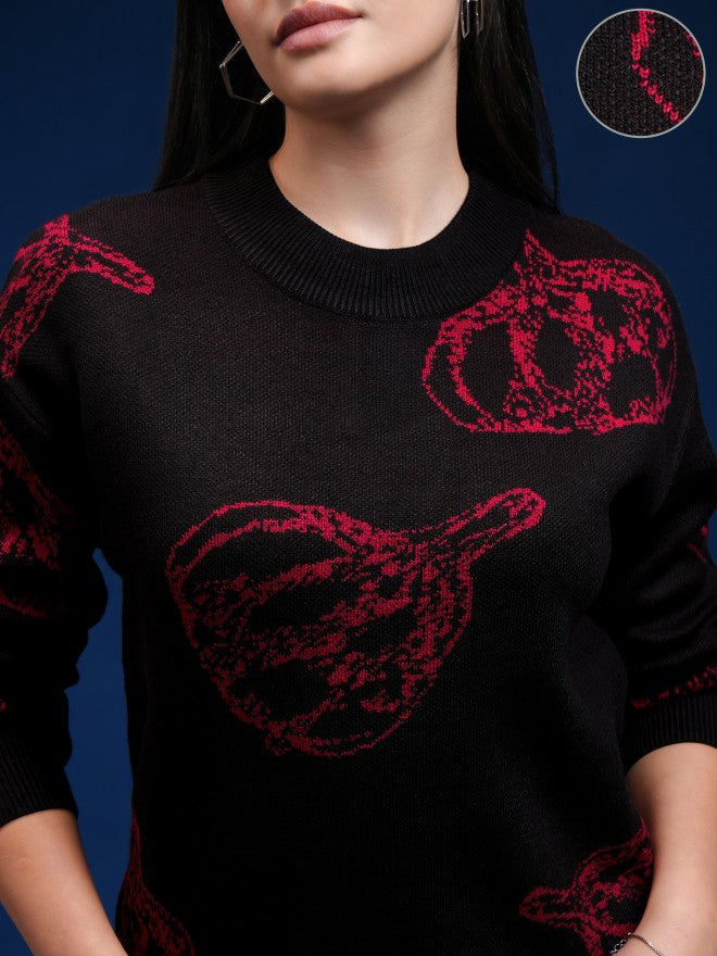 Tokyo Talkies Women Black Round Neck Sweater - Black - Image 5