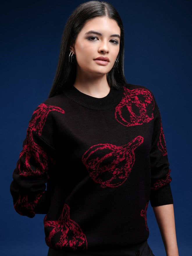 Tokyo Talkies Women Black Round Neck Sweater - Black - Image 6