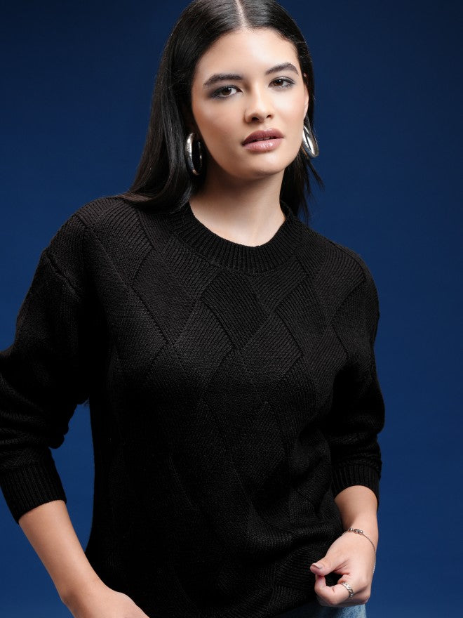 Tokyo Talkies Women Black Round Neck Sweater - Black - Image 1
