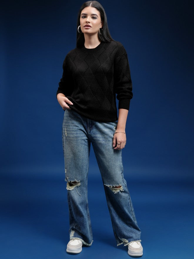 Tokyo Talkies Women Black Round Neck Sweater - Black - Image 2