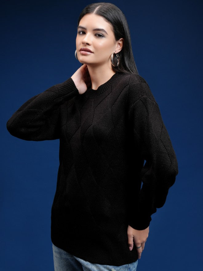 Tokyo Talkies Women Black Round Neck Sweater - Black - Image 4