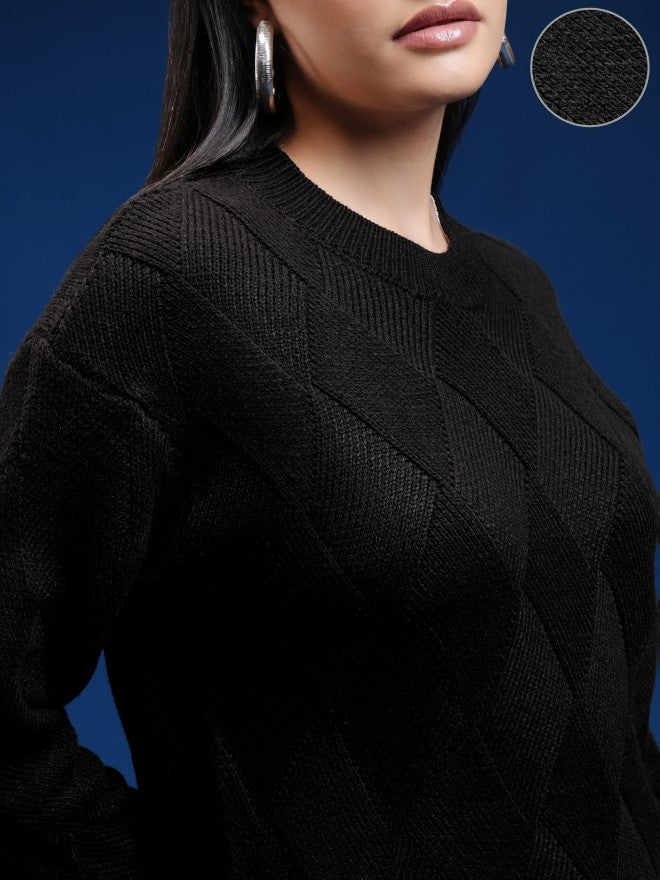 Tokyo Talkies Women Black Round Neck Sweater - Black - Image 5