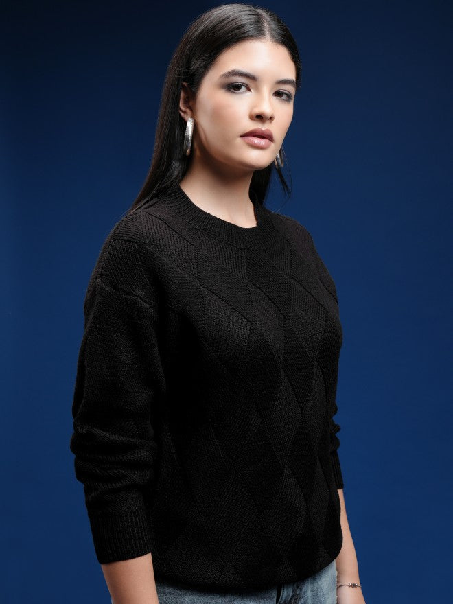 Tokyo Talkies Women Black Round Neck Sweater - Black - Image 6