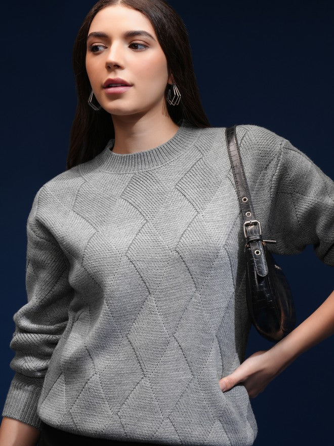 Tokyo Talkies Women Grey Round Neck Sweater - Grey - Image 1