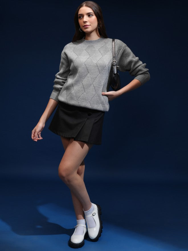 Tokyo Talkies Women Grey Round Neck Sweater - Grey - Image 2