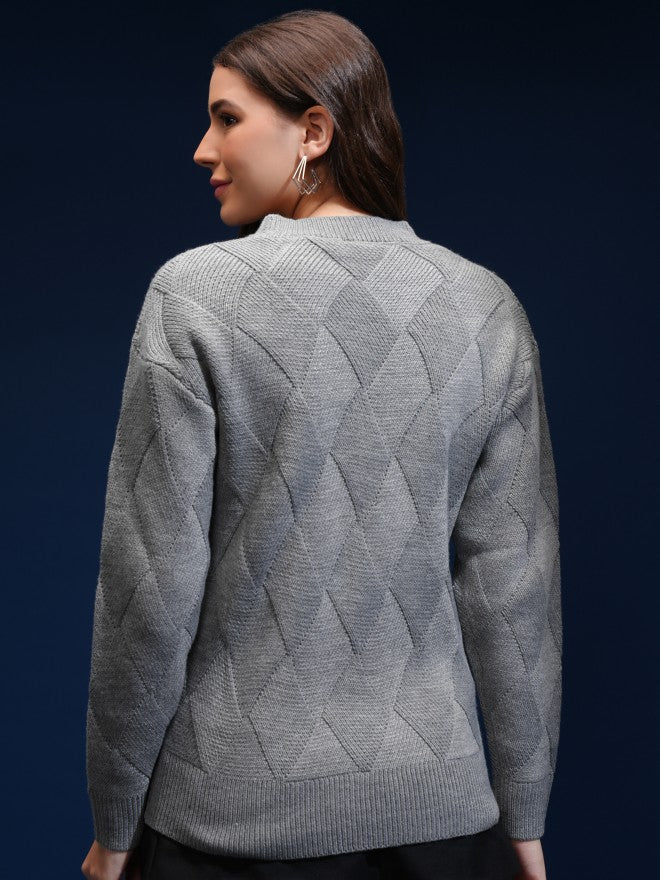 Tokyo Talkies Women Grey Round Neck Sweater - Grey - Image 3