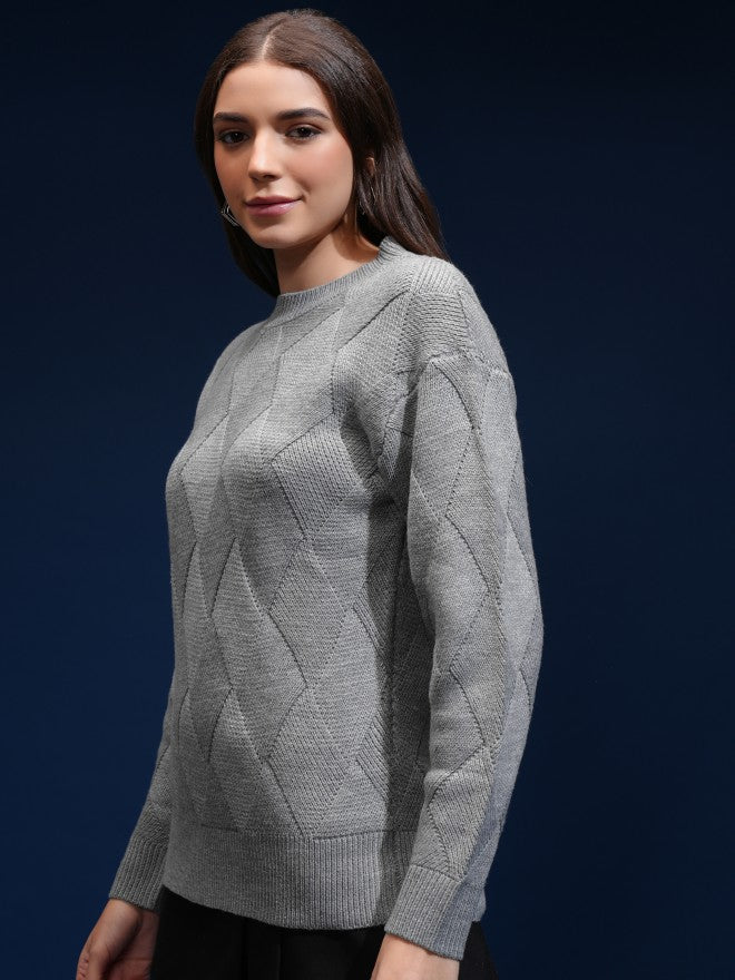 Tokyo Talkies Women Grey Round Neck Sweater - Grey - Image 4