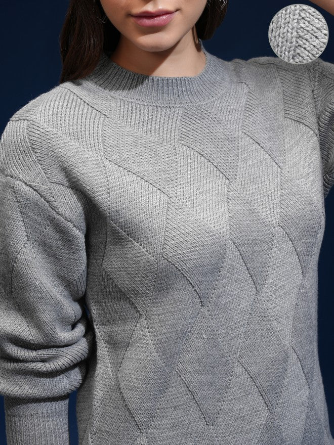 Tokyo Talkies Women Grey Round Neck Sweater - Grey - Image 5