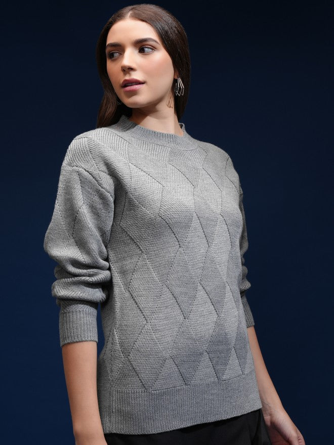 Tokyo Talkies Women Grey Round Neck Sweater - Grey - Image 6