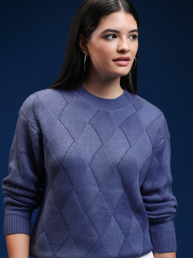 Tokyo Talkies Women Blue Round Neck Sweater - Blue - Image 1