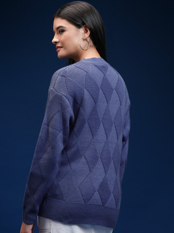 Tokyo Talkies Women Blue Round Neck Sweater - Blue - Image 3