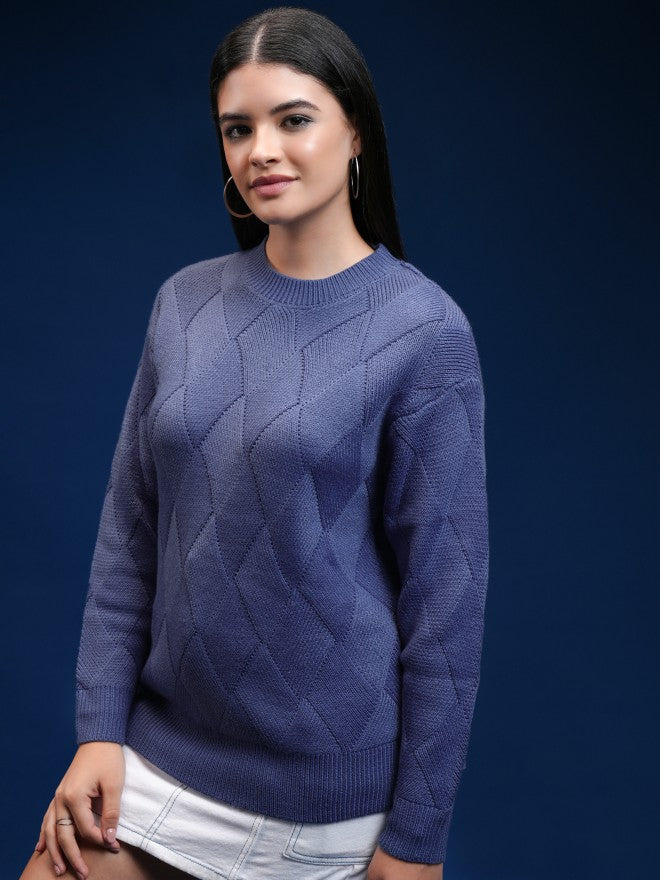 Tokyo Talkies Women Blue Round Neck Sweater - Blue - Image 4
