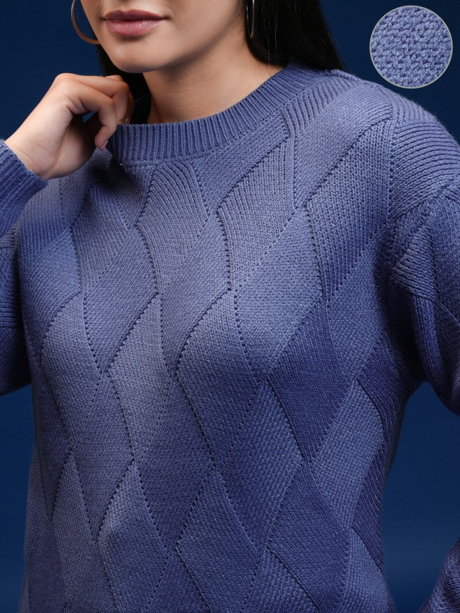 Tokyo Talkies Women Blue Round Neck Sweater - Blue - Image 5