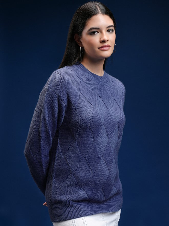 Tokyo Talkies Women Blue Round Neck Sweater - Blue - Image 6