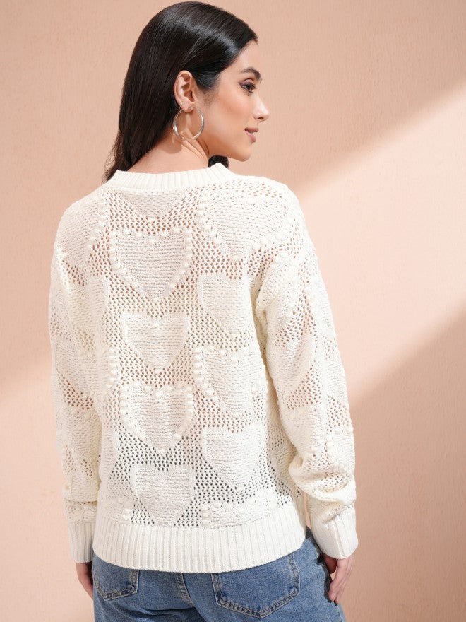 Tokyo Talkies Women Off White Round Neck Sweater - Off White - Image 3