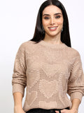 Tokyo Talkies Women Taupe Round Neck Sweater - Taupe - Image 1