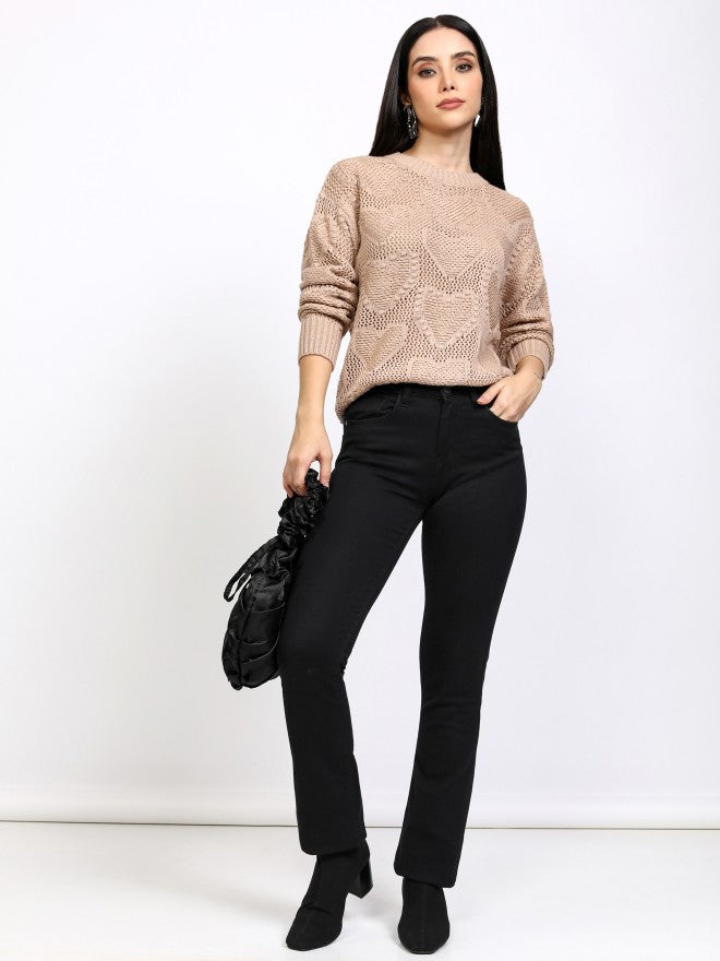 Tokyo Talkies Women Taupe Round Neck Sweater - Taupe - Image 2