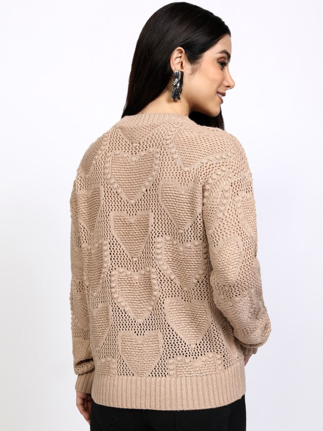 Tokyo Talkies Women Taupe Round Neck Sweater - Taupe - Image 3