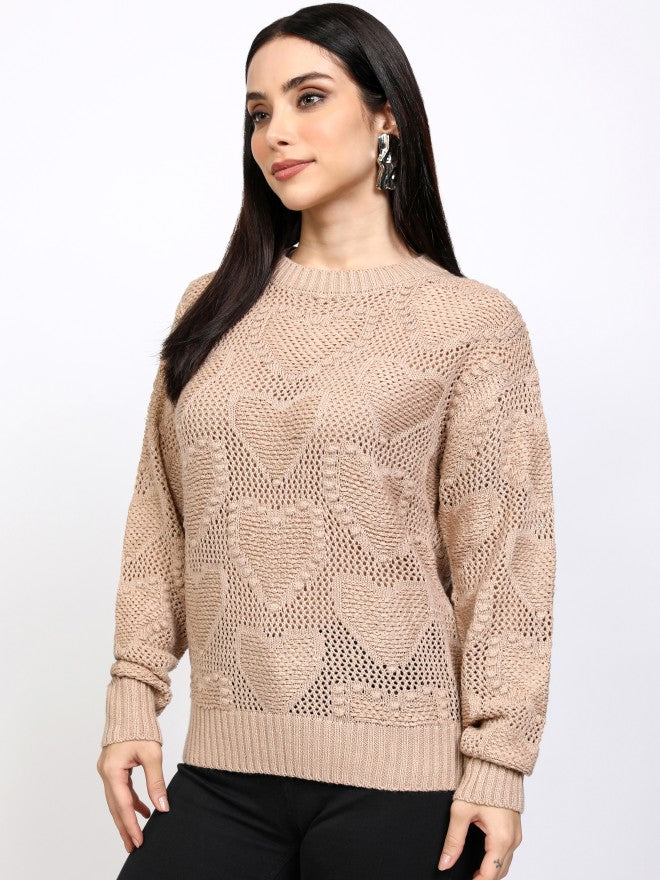 Tokyo Talkies Women Taupe Round Neck Sweater - Taupe - Image 4