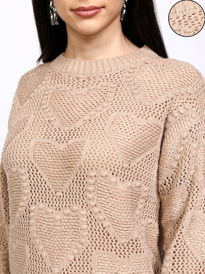 Tokyo Talkies Women Taupe Round Neck Sweater - Taupe - Image 5