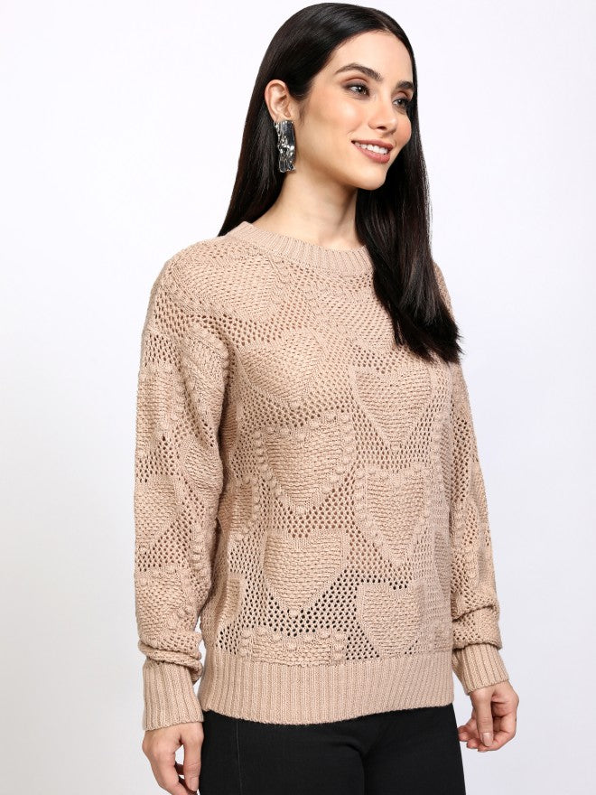 Tokyo Talkies Women Taupe Round Neck Sweater - Taupe - Image 6