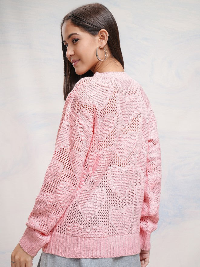Tokyo Talkies Women Pink Round Neck Sweater - Pink - Image 3
