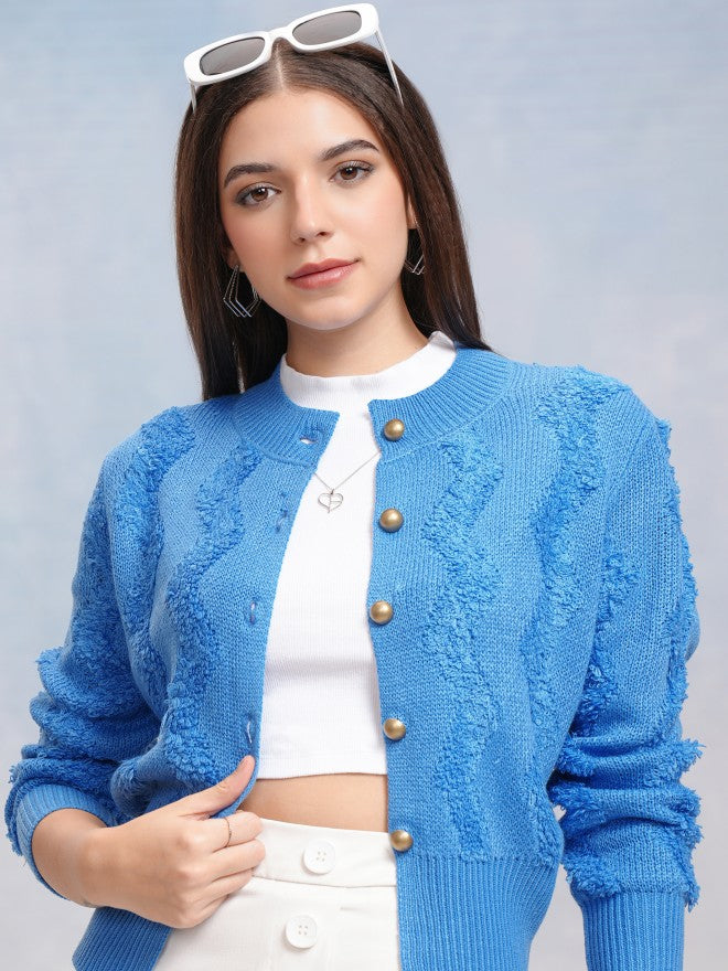 Tokyo Talkies Women Blue Round Neck Sweater - Blue - Image 1
