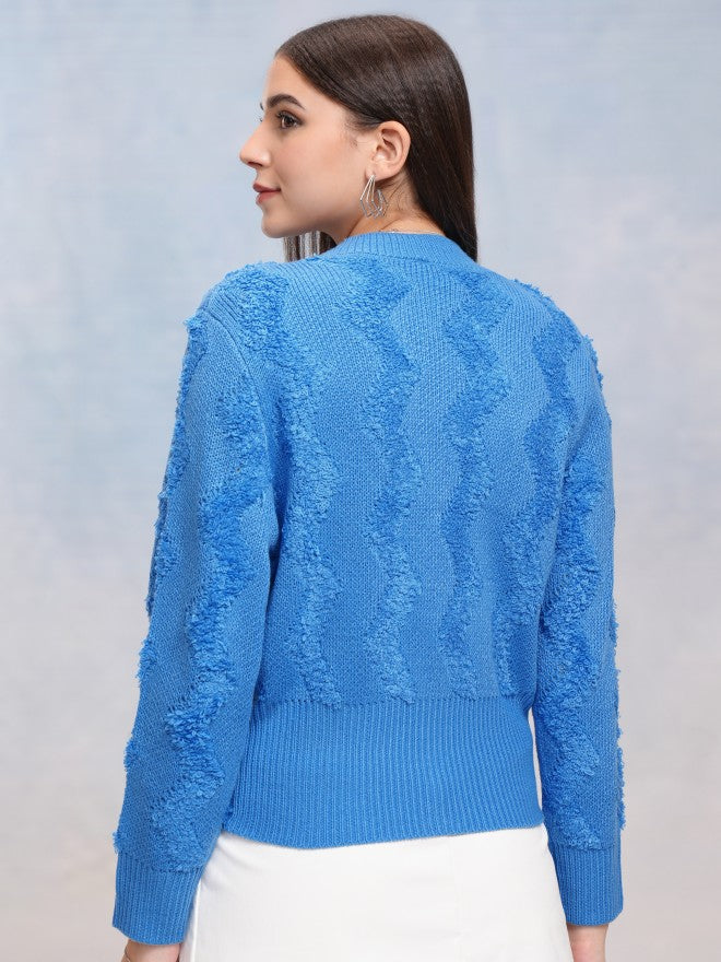 Tokyo Talkies Women Blue Round Neck Sweater - Blue - Image 3