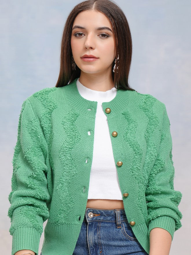 Tokyo Talkies Women Green Round Neck Sweater - Green - Image 1