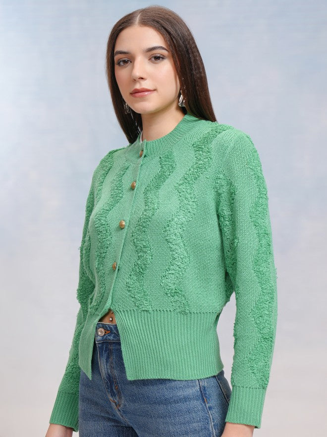 Tokyo Talkies Women Green Round Neck Sweater - Green - Image 4