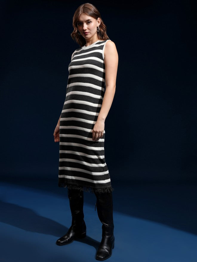 Tokyo Talkies Women Grey Striped Sheath Dress - Grey - Image 3