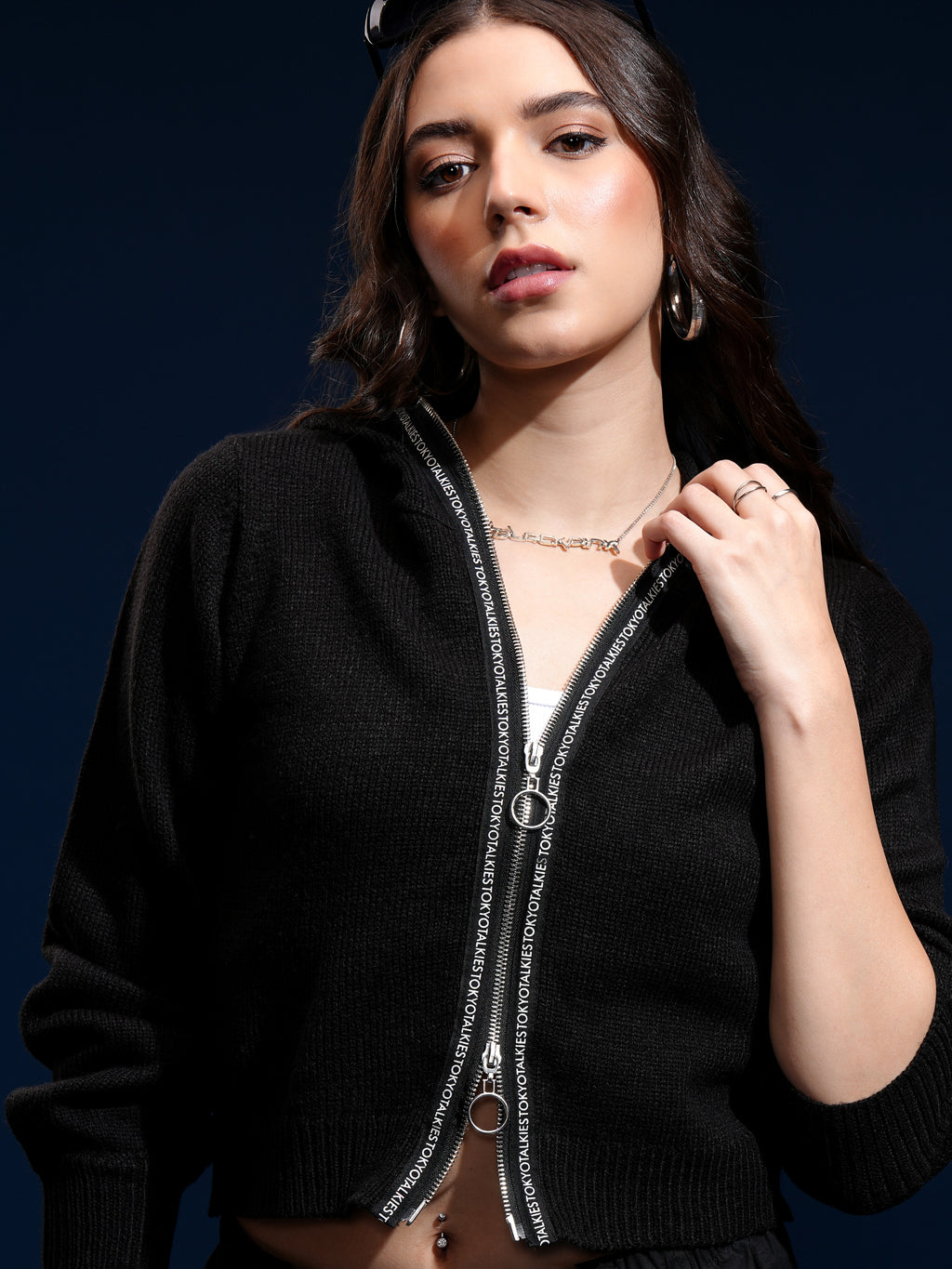 Tokyo Talkies Women Black Hood Sweater - Black - Image 1