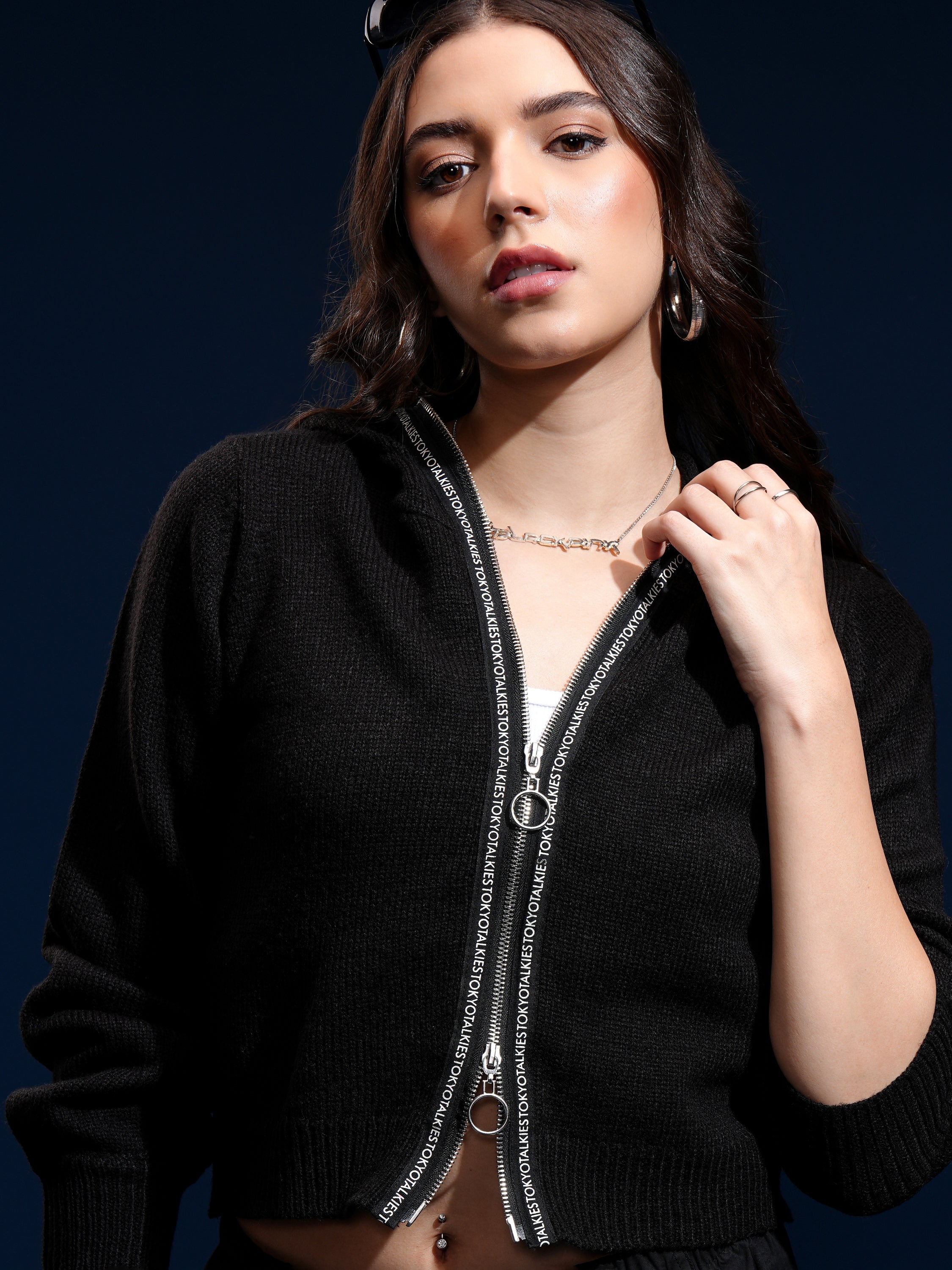 Tokyo Talkies Women Black Hood Sweater - Black - Image 1